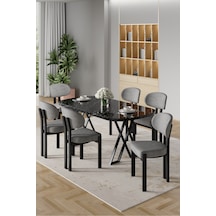 Canisa Radon Serisi Mdf 90x168 Sabit Siyah Mermer Desen Mutfak Masa Takımı 6 Gri Sandalye Siyah Mermer Desen Masa Gri Sandalye