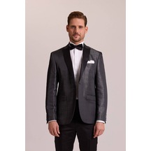 Ysf Erkek Siyah Slim Fit Kırlangıç Yaka Desenli Damatlık