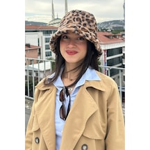 Mollycrush Kadın Kışlık Leopar Desenli Peluş Şapka Soğuk Geçirmez Sıcak Tutan Bucket Camel Leopar