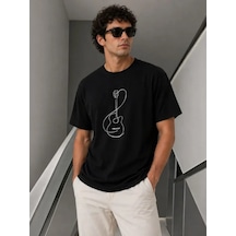 Efnaz Style Erkek Minimal Gitar Baskılı Tişört T-shirt Yazlık Kısa Kol Bisiklet Yaka T-shirt - Siyah