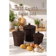 Pbt-439-1 3lü Hasır Sepet Kapaklı Bambu Sepet Seti Dekoratif Banyo Mutfak Düzenleyici Organizeri Diğer