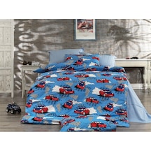 Ezgi Çocuk Desen Çarşafı Lastikli Tek Kişilik Nevresim Takımı 2 Yastıklı, Mavi, 100x200 Cm Çok Renkli
