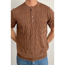 Cool Tarz Erkek Kahverengi Hakim Yaka Düğmeli Slim Fit Triko T-shirt Kahverengi Kahverengi