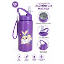 Alüminyum Matara 500 Ml Çocuk Su Matarası Pipetli Sızdırmaz Dayanıklı Taşıma İpli Belkıs Mor