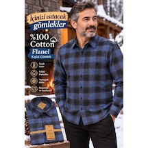 Eren Style Flanel Kışlık Pamuklu Tek Cepli Düğmeli Yaka Gömlek Regular Kalıp Mavi