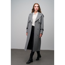 Olcay Gerçek Deri Aksesuarlı Pelerin Detaylı Kaşmir Kaban Koyu Gri 3031-k