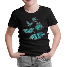 Turquoise Butterflies Siyah Çocuk Tshirt 001
