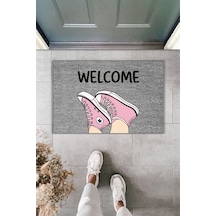 Rugmood Modern Dijital Baskı - Ayakkabı Welcome - Kapı Önü Paspası Gri