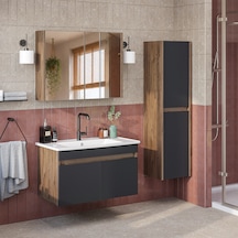 Lavabolu Mdf 80 Cm Banyo Alt Dolabı + Aynalı Üst Dolabı + Banyo Boy Dolabı , Banyo Dolabı Seti. Atlantik Çam - Antrasit