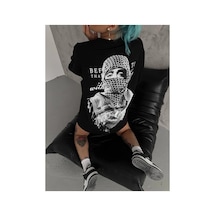 Kadın Kısa Kol Tişört Bisiklet Yaka Filistin Poşülü Baskılı T-shirt - Siyah