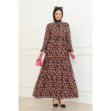 Çiçek Desenli Bağlamalı Viskon Kumaş Elbise - Turuncu/pembe Çiçekler Turuncu-pembe Turuncu - Pembe