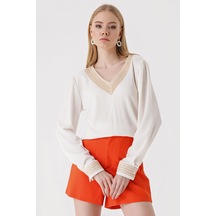Bigdart 0466 Nakışlı V Yaka Örme Bluz - Beyaz 001
