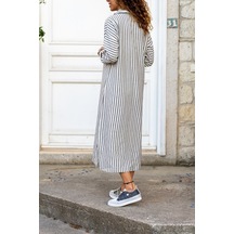 Uzun Kol Bilek Boy Gömlek Yaka Boy Çizgili Göğüs Geniş Cep Detaylı Elbise