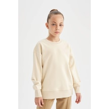 Defacto Kız Çocuk Relax Fit Bisiklet Yaka Pamuklu Basic Düz Okul Sweatshirt A2797A824AUBG286 Bej