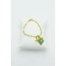 Altın Kaplama Seri Kararmaz Turkuaz Taşlı Kilit Çelik Bilek Gold Altın