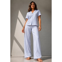 Kadın Klasik Doğal Düğme Gece Mavi Pijama Takımı