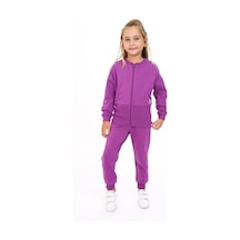 Toontoy Kids Toontoy Kız Çocuk 2'li Takım Baskılı Bisiklet Yaka Fermuarlı Ribanalı Sweatshirt & Beli Paçası Ribanalı Jogger Eşofman Altı - 2 İplik Mor