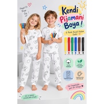Pijamask Boyanabilir Unisex Çocuk Pijama Takımı 6 Renk Keçeli Kalem Hediyeli, Yıka Tekrar Boya, %100 Pamuk Beyaz