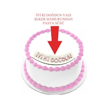 Şeker Hamurundan İyi Ki Doğdun Yazı Beyaz Üzerine Pembe Renk Pasta Süsü