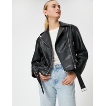 Koton Oversize Biker Ceket Suni Deri Fermuarlı Siyah 3sak20013ew
