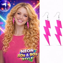 80 Ler 90& 39 Lar Retro Neon Pembe Şimşek Küpe 10 Cm