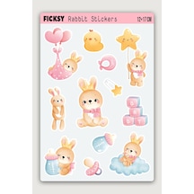 Sevimli Tavşan Sticker Seti - 12 Adet Etiket Çıkartma Diğer