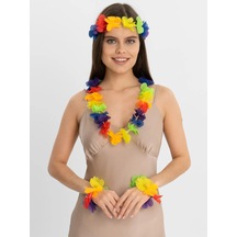 Rengarenk Hawaii Kolye Taç Bileklik Seti 4 Parça Çok Renkli