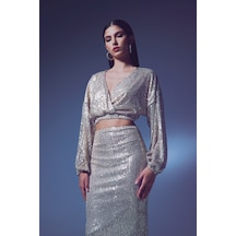 Sateen Payetli Kruvaze Bluz - Bej Sateen Payetli Kruvaze Bluz - Bej