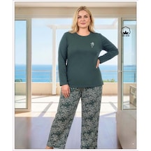 Melodi Kadın Büyük Beden %100 Pamuk Bisiklet Yaka Uzun Kollu Baharlık Pijama Takımı 17148 - 1 Adet Petrol