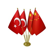 Masa Üstü Çin Bayrağı Türk Bayrağı Dörtlü Pirinç Direk Masa Bayra