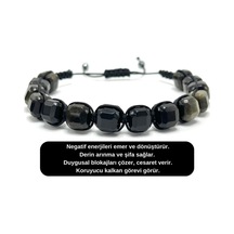 Sertifikalı Obsidyen Küp Kesim Makrome Doğal Taş Bileklik 8 Mm Siyah