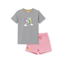 Haribo Lisanslı Unicorn Baskılı Kız Çocuk T-shirt Şort Takım Gri