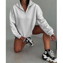 Velmora Fashion Kadın Yarım Fermuarlı Üç İplik Sweatshirt - Gri
