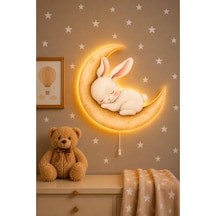 Ahşap Ay Üzeri Tavşan Pilli Ledli Gece Lambası Bebek Çocuk Odası-yıldız Sticker Hediyeli Çok Renkli