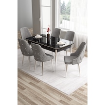 Canisa Tia Serisi 80x132 Açılabilir Mdf Siyah Mermer Desen Krom Detay Yemek Odası Takımı Ve 6 Gri Sandalye Masa Siyah Mermer Desen Sandalye Gri