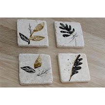 Altın Desenli Yapraklı Doğal Taş Bardak Altlığı 4'lü Set - Natural Stone Coasters - Taş Çok Renkli