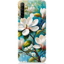 Realme 6i Uyumlu Işıltılı Beyaz Çiçekler Desenli Silikon Kılıf Çok Renkli