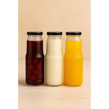 3 Adet 1 Litre Şeffaf Sürahi Süt, Ayran, Su, Limonata, Meşrubat Şişesi Metal Siyah Kapaklı Cam Şişe