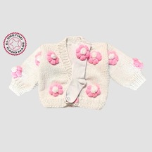 Uretti - Gülnur 2184 - El Örgüsü Çiçek Motifli Çoraplı Kız Çocuk Hırka 4 Yaş - Beyaz Beyaz