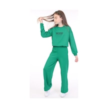 Toontoy Kids Toontoy Kız Çocuk 2'li Takım Baskılı Bisiklet Yaka Sweatshirt & Beli Lastikli Bol Paça Eşofman Altı - 2 İplik Koyu Yeşil