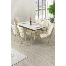 Canisa Nis Serisi 89x150 Açılabilir Lak Panel Beyaz Mermer Gold Ayak Masa Takımı Ve 6 Krem Sandalye Masa Beyaz Mermer Desen Sandalye Krem