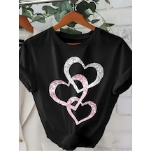 Uyguntarz Unisex İç İçe Geçmiş Kalpler Baskılı Tasarım Tshirt Siyah
