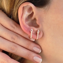 Yılan Kırmızı Zirkon Taşlı Rose Gold Kaplama Gümüş Küpe Gümüş