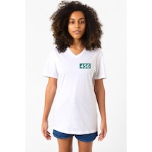 Squid Game Player 456 Beyaz Kadın V Yaka Tshirt Beyaz