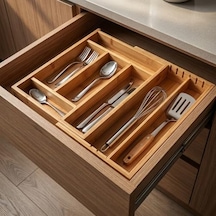 Ayarlanabilir Bambu Kaşıklık Ve Çekmece İçi Organizer - 5-7 Bölmeli Genişleyebilir Çatal Bıçak Düzenleyici 39.4 X 24 X 6.4 Cm Abanoz