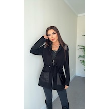 Kadın Uzun Kollu Önü Fermuarlı File Detaylı Belden Bağcıklı Kısa Modal Ceket Siyah