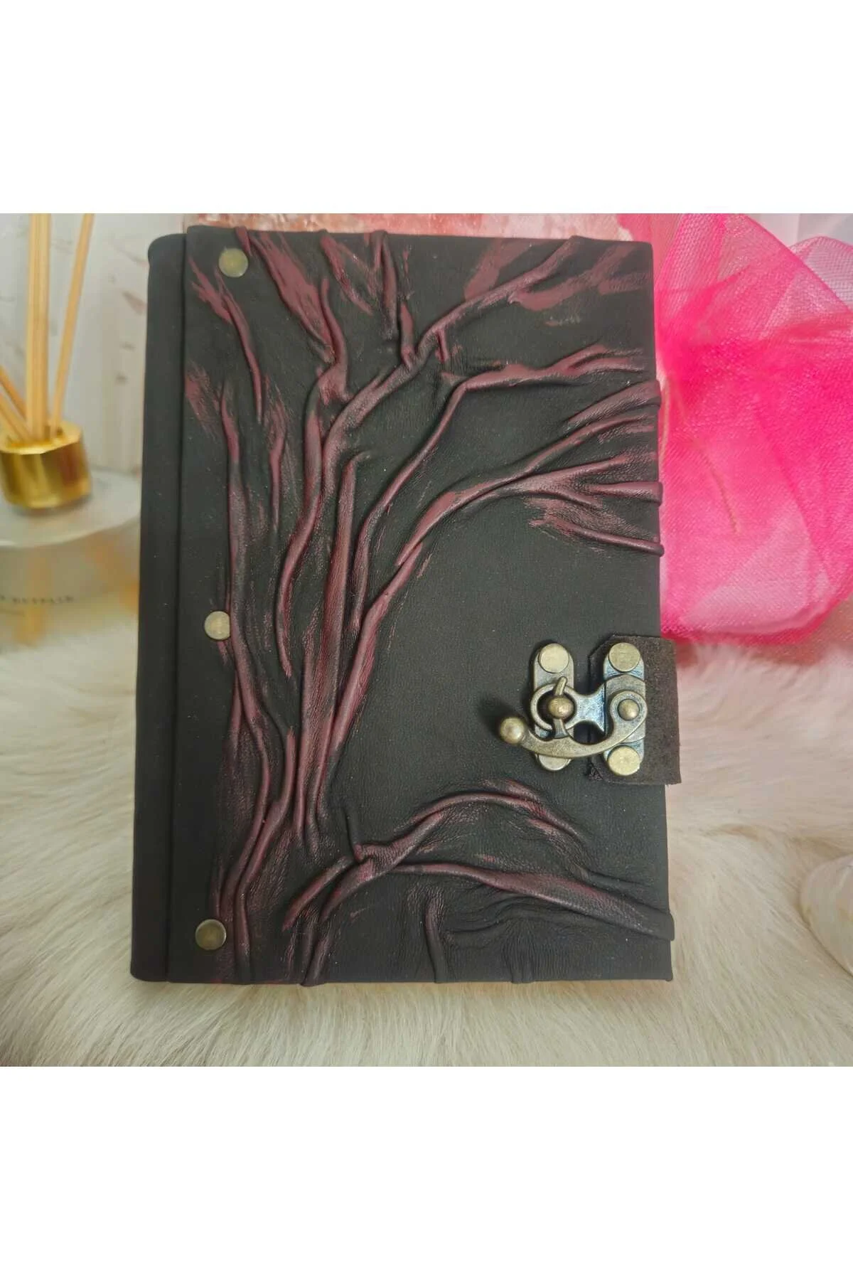 Doğaçlama Ağaç Hakiki Deri Italyan Deri Özel Desen El Yapımı Defter Siyah