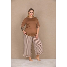 Lisinya Closet Büyük Beden Viskon Şık Tasarım Kahverengi Çizgili Kısa Kol Kapri Takım Kahverengi