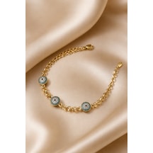 Balenbi Jewelry Kadın Üçlü Nazar Boncuklu Taşlı Kararmaz Çelik Bileklik 14k Gold Renk 1135 Altın
