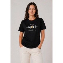 Kadın Müzik Temalı Baskılı Tişört Bisiklet Yaka Kısa Kol T-shirt - Siyah Çok Renkli